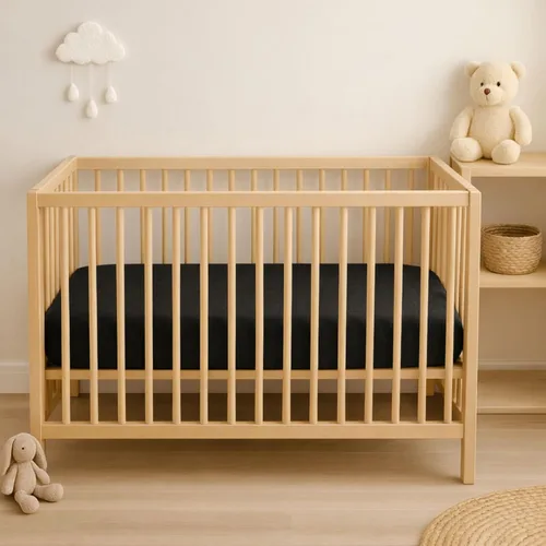 Vista 4 de Paquete de 2 sábanas de muselina negra para cuna, para niños y niñas, de algodón neutro transpirable, para cuna estándar de 28 x 52 pulgadas