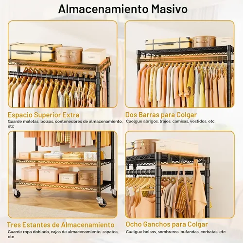 Vista 8 de ULIFHOME P7 - Perchero enrollable para ropa, estantes para colgar ropa, estante resistente para prendas con ruedas, estante de clóset portátil de 3
