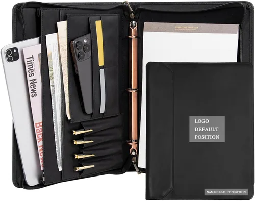 Vista 19 de Portafolio Personalizado de Cuero con Nombre Grabado, Organizador de Negocios Profesional con Cremallera para Hombres, Carpeta de Anillas