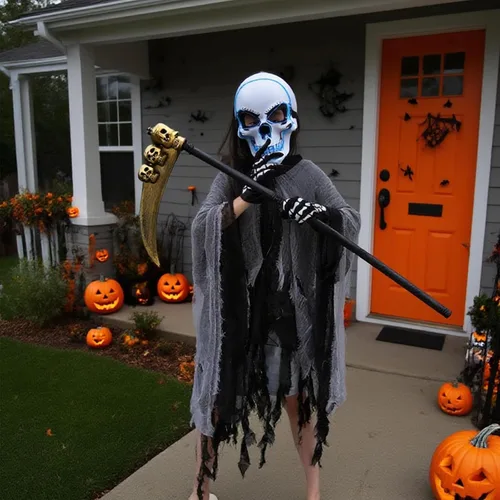 Vista 5 de 2025 Grim Reaper Costume,Scary Halloween Costumes for Kids With LED Mask,Hooded Cloak,Scythe,Gloves Included
