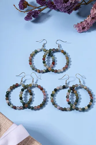 Vista 3 de Jovivi Aretes de cuentas de cuarzo rosa de amatista con cristales curativos de piedras naturales reales y piedras preciosas colgantes de aro