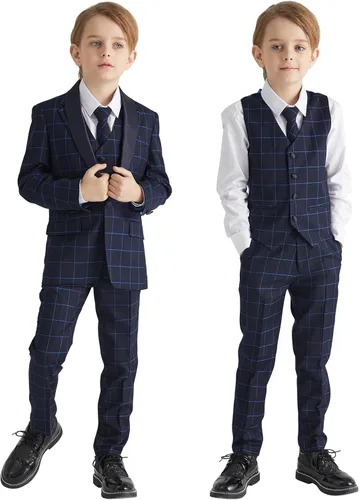 Vista 2 de ELPA ELPA Trajes de esmoquin para niños de 5 piezas, conjunto de trajes fornales para niños de 2 a 18 años, Cuadros azules