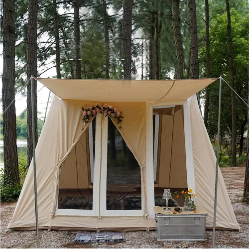 Vista 5 de Tienda de campaña de lona de algodón impermeable para 4 estaciones, refugios para acampar al aire libre con toldo y puertas de malla extra anchas