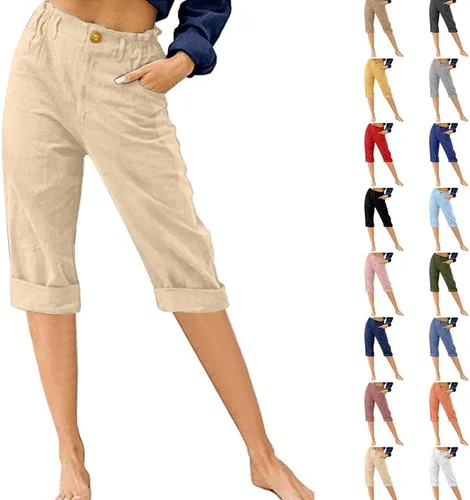 Vista 2 de Wekumgy Capris para mujer, pantalones casuales de lino para verano, cintura elástica, pantalones recortados, holgados, cómodos, pantalones capri