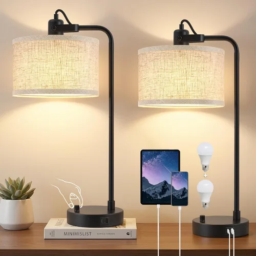 Vista 8 de Luvkczc Lámpara de Mesa para Dormitorio Juego de 2 con Puertos USB C+A - Lámpara de Noche Totalmente Regulable Sin Escalones con Pantalla de Lino