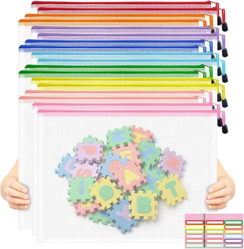 Vista 45 de 9 bolsas de malla con cremallera, tamaños A3, 9 colores, almacenamiento de juegos de mesa, viajes, escuela, organización de oficina