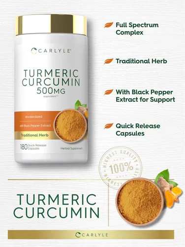 Vista 4 de Carlyle Suplemento de curcumina de cúrcuma 180 cápsulas con extracto de pimienta negra Sin OMG y sin gluten