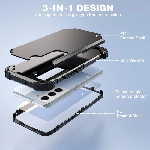 Vista 6 de IDweel Funda para Galaxy S22 con protector de pantalla de vidrio templado, híbrida 3 en 1 a prueba de golpes, resistente, cubierta de policarbonato