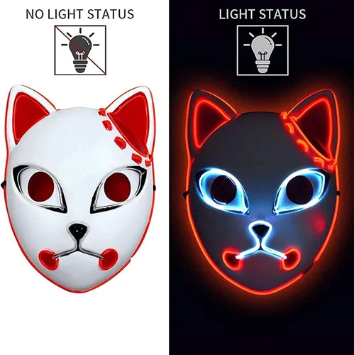Vista 4 de Máscara LED de demonio, accesorios de disfraz de anime japonés de plástico de lujo con cara de zorro, accesorios para cosplay