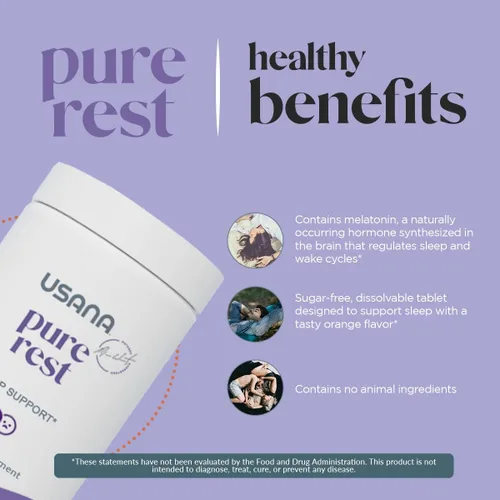 Vista 4 de USANA Suplemento de melatonina Pure Rest para apoyo al sueño* - Acción rápida - Sin azúcar - 56 tabletas