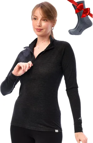 Vista 24 de Suéter 100% de lana merino con cremallera para mujer, capa base térmica con . 250 negro