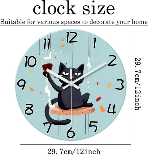 Vista 5 de XNM Reloj de Pared Analógico de Vidrio Operado por Batería 12 Pulgadas Redondo de Cuarzo Reloj de Gato Negro para Cocina Reloj de Pared Silencioso