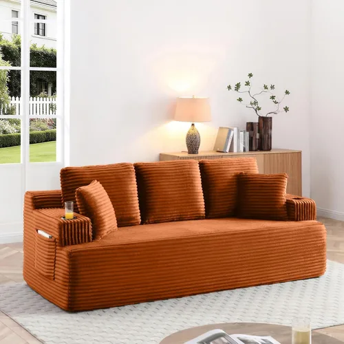 Vista 32 de Sofá sin hueso de 66.5 pulgadas con portavasos y bolsillos laterales, sofá biplaza tapizado de tela de pana moderna con 2 almohadas para sala