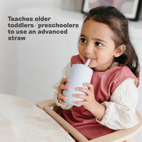 Vista 5 de ezpz Happy Cup + sistema de popote (azul) - 24 meses + - Taza 100% de silicona + popote para niños mayores + preescolares - Diseñado por un