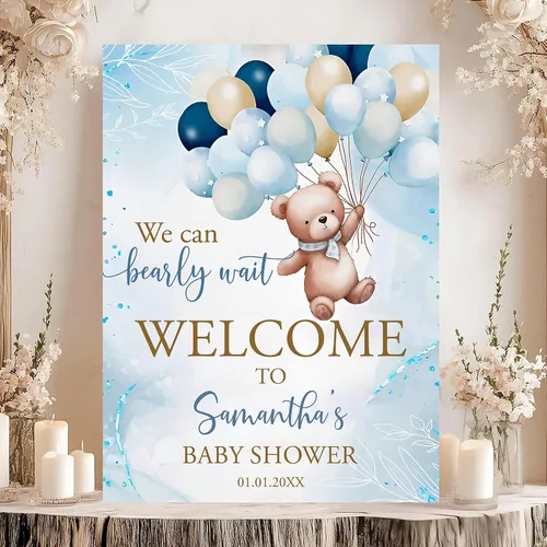 Vista 9 de Letrero de bienvenida con texto en inglés «We Can Bearly Wait Baby Show» para niño, tema de globo de oso de peluche azul Style#1
