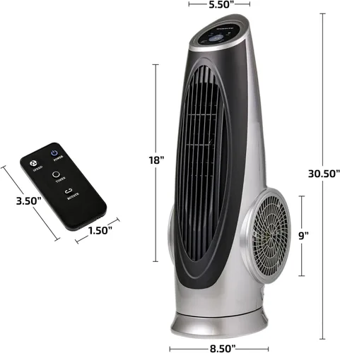 Vista 6 de OVENTE Ventilador de torre oscilante con control remoto, panel LCD de 3 velocidades y temporizador de 8 horas, ventilador de piso silencioso y sin