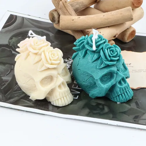 Vista 3 de Grainrain Molde de vela de silicona 3D con diseño de cráneo y rosa, molde de vela pilar decorado, moldes de silicona hechos a mano para hacer velas