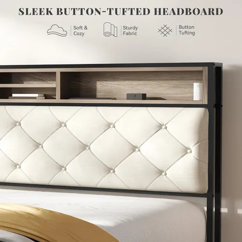 Vista 5 de YITAHOME Base de cama de plataforma tamaño Queen con cabecera de 45.2 pulgadas de alto, cabecera de almacenamiento tapizada con estación de carga