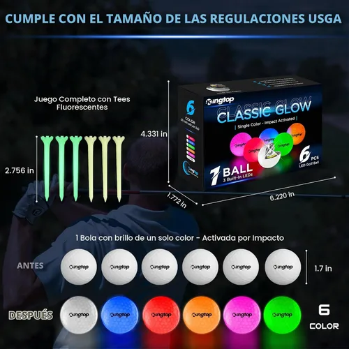 Vista 3 de KINGTOP Glow in the Dark LED Golf Balls with Glow Tees, 6 Pack Three LED design, glow tees, mesh storage bag, night golf rounds, backyard putting