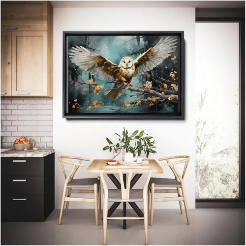 Vista 6 de Flying owl with trees, leaves, forest double exposure, nature animal, owl illusion art, wrapped framed canvas print, office wall art