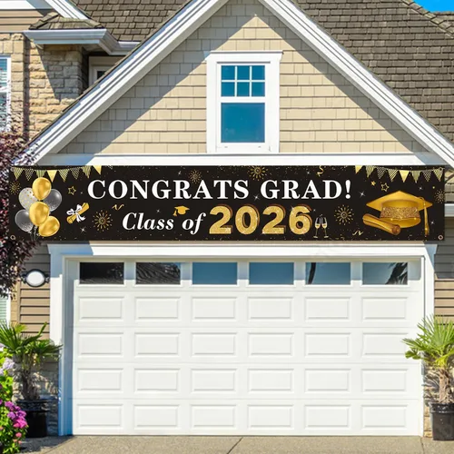 Vista 5 de Decoraciones de graduación 2026 Congrats Grad Class of 2026 - Cartel de graduación negro y dorado para patio, decoraciones colgantes para interiores