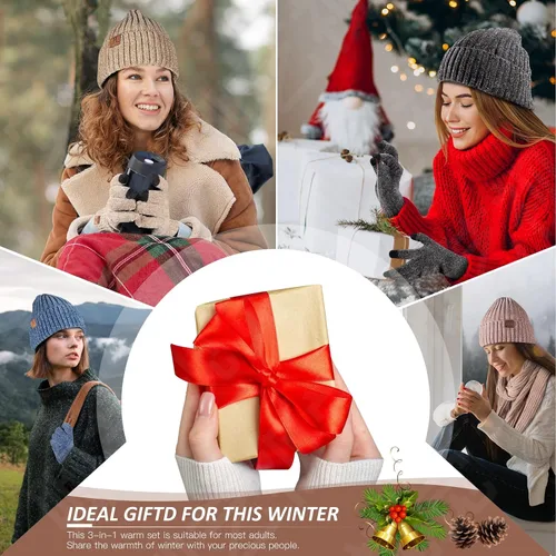 Vista 6 de LackBlue Conjunto de gorro de invierno para mujer, bufanda, guantes para pantalla táctil, gorro de calavera, bufandas de cuello largo para mujeres