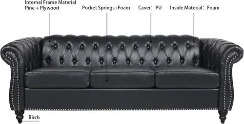 Vista 5 de Sofá Chesterfield moderno de tres plazas, sofá de piel sintética con brazos enrollados, cómodos sofás para sala de estar, oficina, sala de recepción