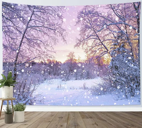 Vista 8 de HVEST Tapiz de bosque de invierno para colgar en la pared, montaña, nieve y pino, exterior, ventana de Navidad, arte de pared, tapiz de invierno