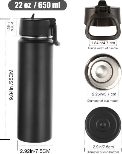 Vista 2 de Volhoply Botellas de agua aisladas con popote a granel, paquete de 4, botella deportiva de acero inoxidable de 22 onzas con tapa con asa, tazas