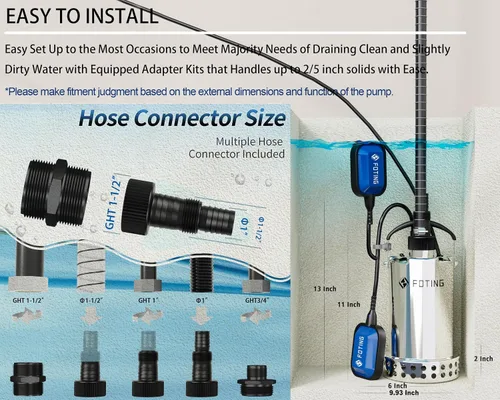 Vista 6 de FOTING Bomba de sumidero de acero inoxidable 304 completa con interruptor de flotador, bomba de agua sumergible automática de 1 HP 4600 GPH