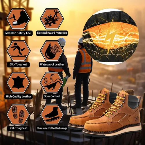 Vista 3 de MWORK Botas de trabajo con punta de mocasín de 6 pulgadas para hombre, suela de cuña, impermeable, ASTM F2413-18, punta metálica de seguridad