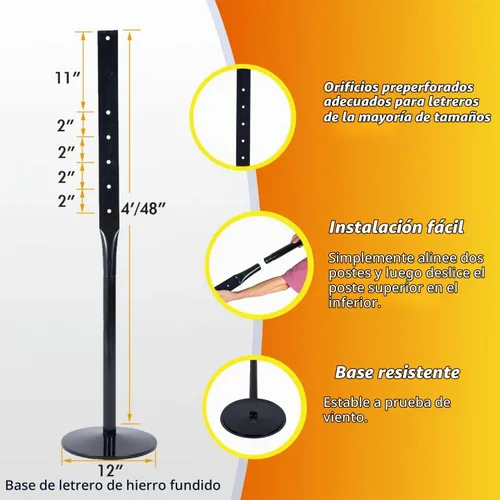 Vista 2 de Kit de poste y base de hierro fundido resistente, soporte de 12 pulgadas con poste de 48 pulgadas y pernos y tuercas para colgar letreros, soporte