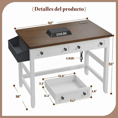 Vista 3 de EnHomee - Escritorio pequeño para computadora con tomas de corriente, escritorio blanco con 2 cajones, pequeña mesa de estudio y escritura