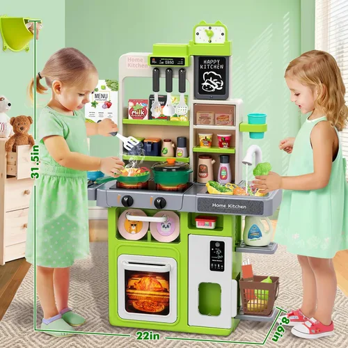 Vista 7 de Juego de cocina para niños, juego de cocina para niños pequeños con sonido y luz, estufa de cocina con vapor, fregadero de juegos, juguete de comida