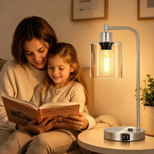 Vista 8 de Juego de 2 lámparas de mesa con control táctil industrial - Lámparas de mesita de noche en níquel cepillado con 2 puertos USB y enchufe de CA