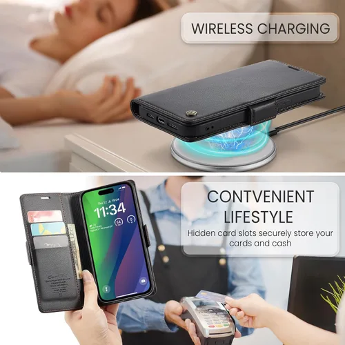 Vista 3 de SINIANL - Funda tipo cartera para iPhone 15 con bloqueo RFID, color negro Magnetic Clasp Leather Book Folio, Shockproof Protective Card Holder