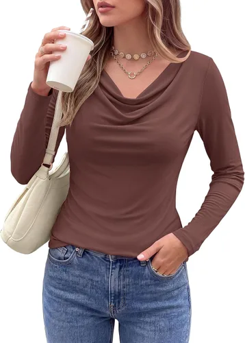 Vista 13 de PRETTYGARDEN Tops de cuello redondo para mujer, camisa de manga larga a la Negro