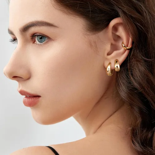 Vista 6 de DALARAN Juego de aretes de aro gruesos y pequeños chapados en oro de 14 quilates, aretes ovalados ovalados gruesos y ligeros para mujeres y hombres