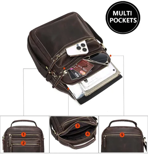 Vista 5 de Taertii Bolso bandolera de cuero pequeño para hombre, bolso cruzado para viajes, negocios, senderismo, uso diario, Marrón