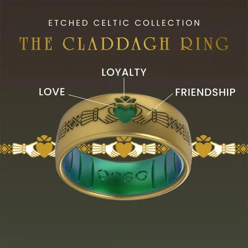 Vista 7 de Enso Rings Anillo de silicona grabado de la colección Celtic - Diseño cómodo y flexible Claddagh - Oro Antiguo/Dragón
