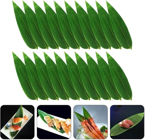 Vista 4 de Kichvoe Hojas decorativas de sushi, 100 piezas de hoja de bambú, tapete japonés de comida para sashimi, placa de decoración de hojas verdes