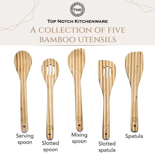 Vista 4 de Top Notch Kitchenware Juego de utensilios de cocina de bambú (5 piezas) con soporte de bambú Utensilios de servir de primera calidad Utensilios