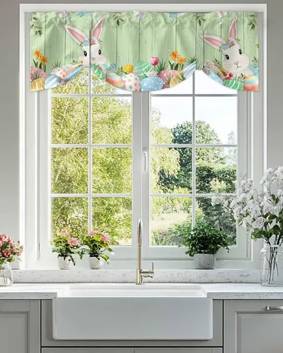 Vista 2 de Cenefa de primavera con amarre para ventanas de cocina, cenefas de cortina con lindos huevos coloridos de conejo, 42 x 12 pulgadas, 1 panel