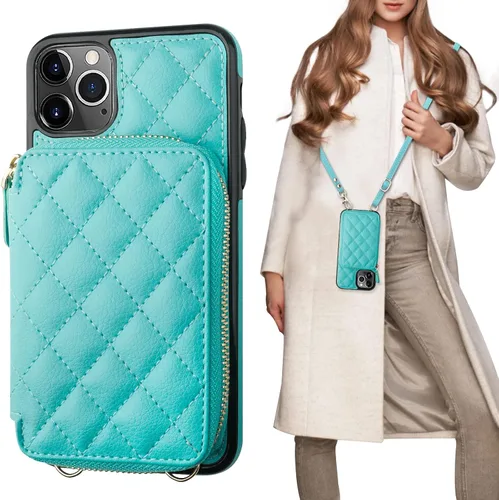 Vista 12 de Bocasal Funda tipo cartera cruzada para iPhone 11 Pro Max, con bloqueo RFID, de piel sintética, con cremallera, funda tipo cartera con función atril