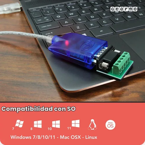 Vista 8 de Gearmo Adaptador RS485 a USB con indicadores LED, chipset FTDI, placa terminal, protección ESD, compatible con Windows 11, Linux, MacOS X