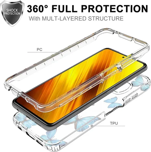 Vista 3 de Funda para Poco X3 NFC/Poco X3 Pro/Poco X3 con protector de pantalla de vidrio templado, patrón de mariposa transparente de cuerpo completo, funda