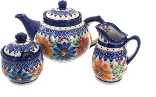 Vista 9 de Cerámica polaca de rosa azul, juego de té de 3 piezas de flor de manzana, tetera de 4 tazas, cerámica polaca pintada a mano, servicio de café y té