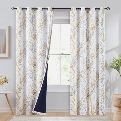 Vista 9 de FMFUNCTEX Cortinas 100% opacas para dormitorio, cortinas de ramas de árbol blanco y negro de 54 pulgadas de largo para sala de estar, cortinas