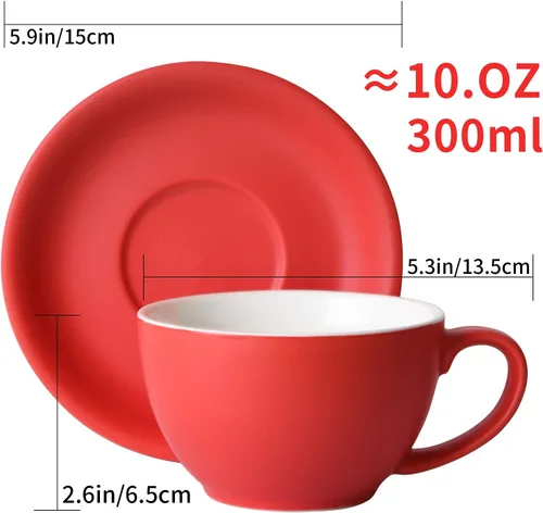 Vista 7 de Yundu Ceramics Latte Cup and Saucer - 10 onzas para capuchino, té, café moca, juego de 4, color mixto mate 4 colores mate oscuro