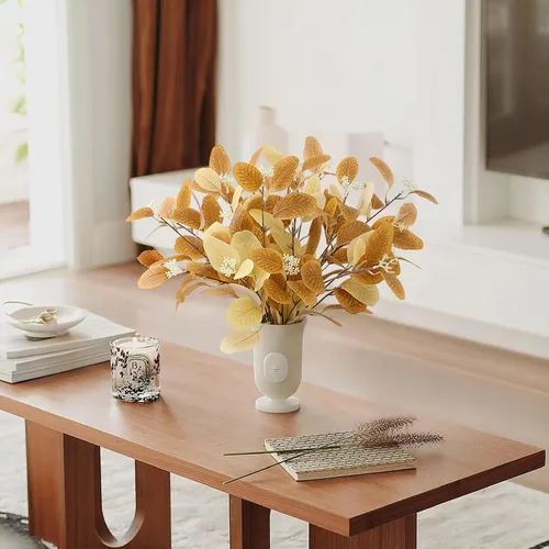 Vista 4 de Emivery Tallos de hojas de eucalipto de otoño, 6 tallos artificiales de follaje de otoño, ramas de eucalipto sintético naranja, decoraciones